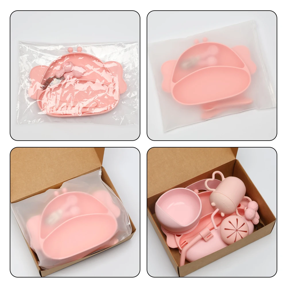 Hot Selling kids Dining Silicone Bib Bowl Spoon Fork Baby Snack Plate Tableware Silicone Baby Feeding Set