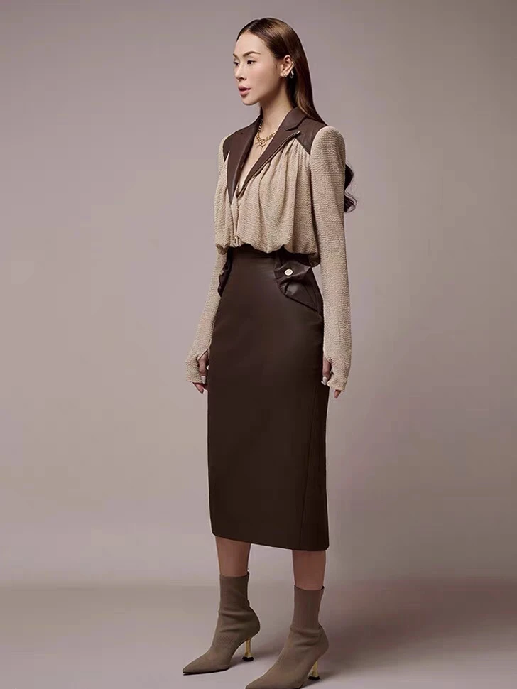 High-grade leather patchwork fashion two pieces set temperament lapel shirt coffee color slit skirt set