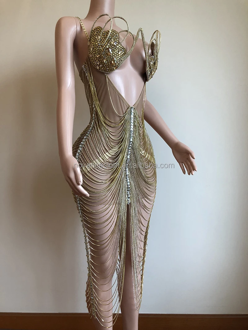 New Arrival Product Unique Special Design Night Club Dresses Sexy Women Sexy Shiny  Chain Hollow Out Gown Prom Dress