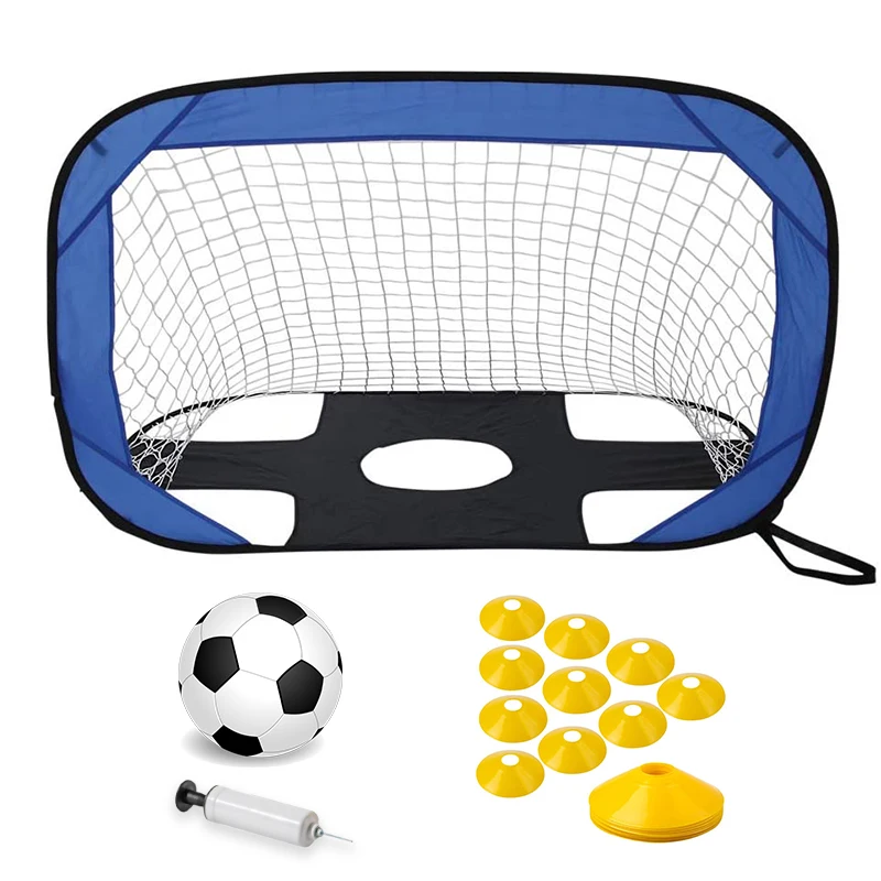 Pop Up football Goals with small disc cones for kids play Backyard memory steel soccer football practice net with ball and pump