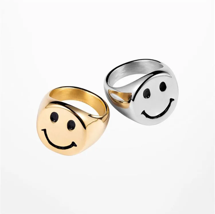  Streetwear Stainless Steel Smiley Face Ring Chunky Gold Silver