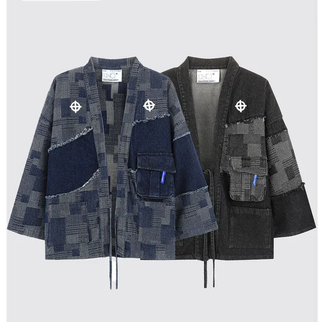 Autumn And Winter Japanese Original Vintage National Clash Colour Wash Rubbed Denim Taoist Robe Trend Cardigan Jacket Men