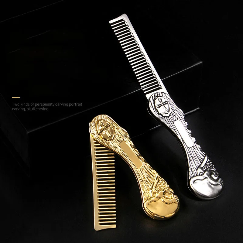 Customized Logo Retro Luxury Gold Skull Folding Oil Hair Beard Comb Alloy Durable Grooming Mustache Styling Portable Comb Men