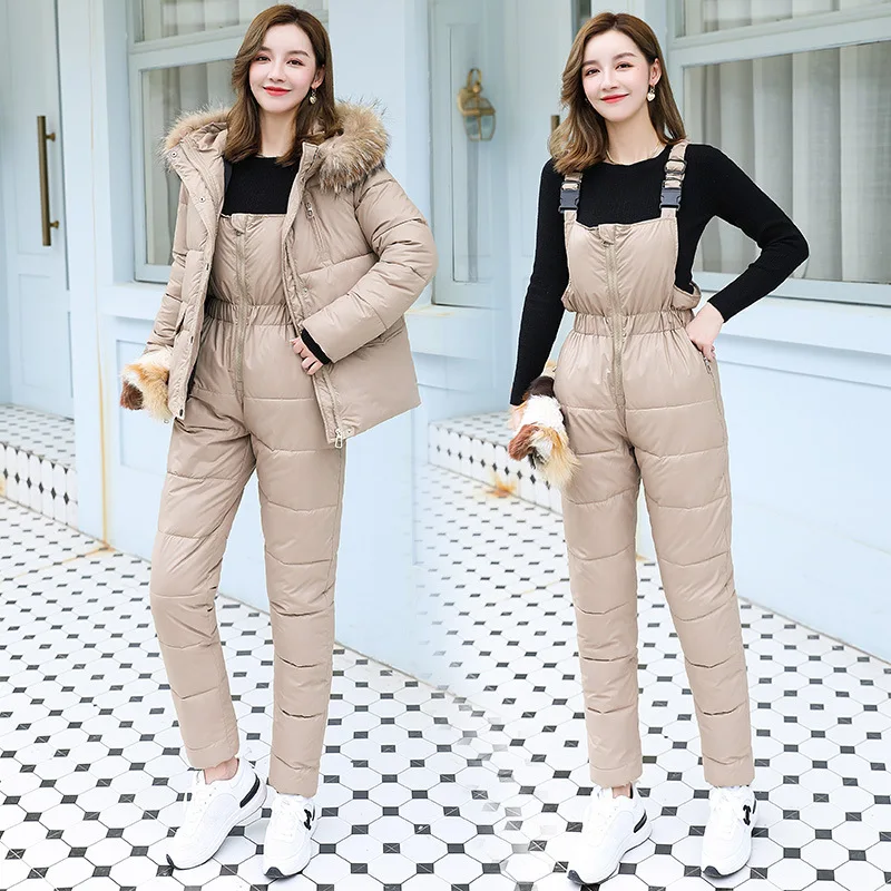2021 Woman ski braces two pieces suit cotton-padded winter thickened warm cotton-padded coat with suspender trousers sports wear