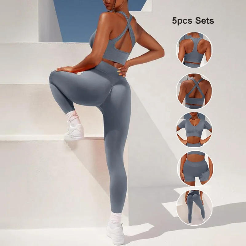 New Design 5 Pieces Set Solid High Waist Seamless Sportswear Conjuntos Deportivos Mujer Activewear Women Yoga Gym Fitness Sets
