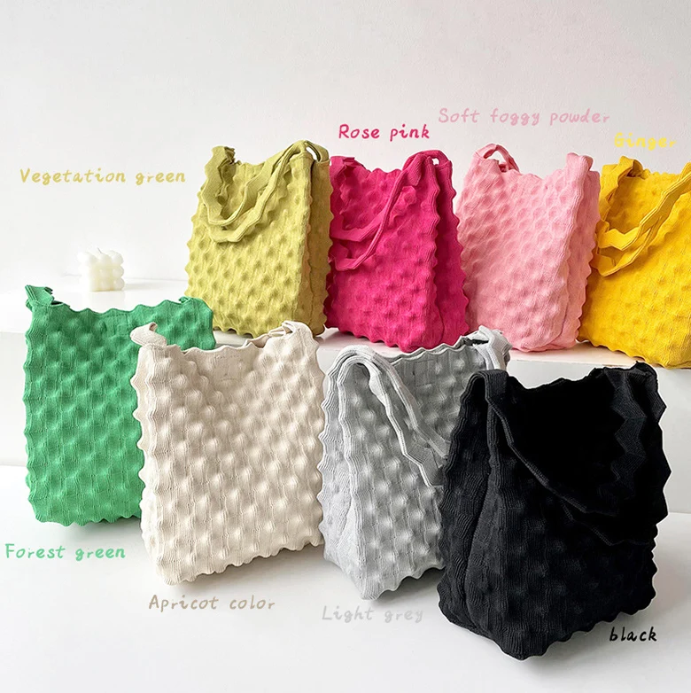 2024 Fashion Cute Crochet Solid Pleated Knit Handbag Candy Color Tote Bags For Women Shoulder Bag