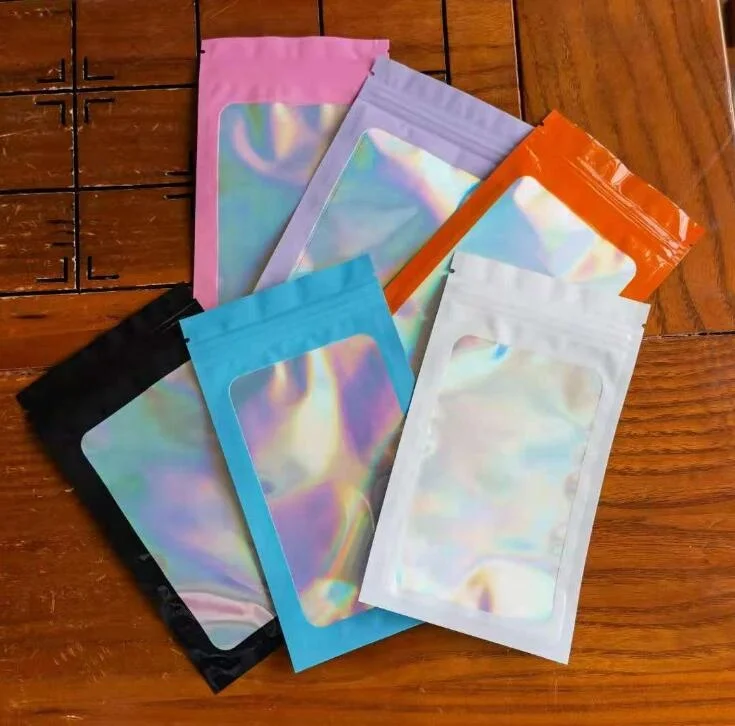 Colorful plastic zip flat bag inside hologram window bag mobile phone case packing bags