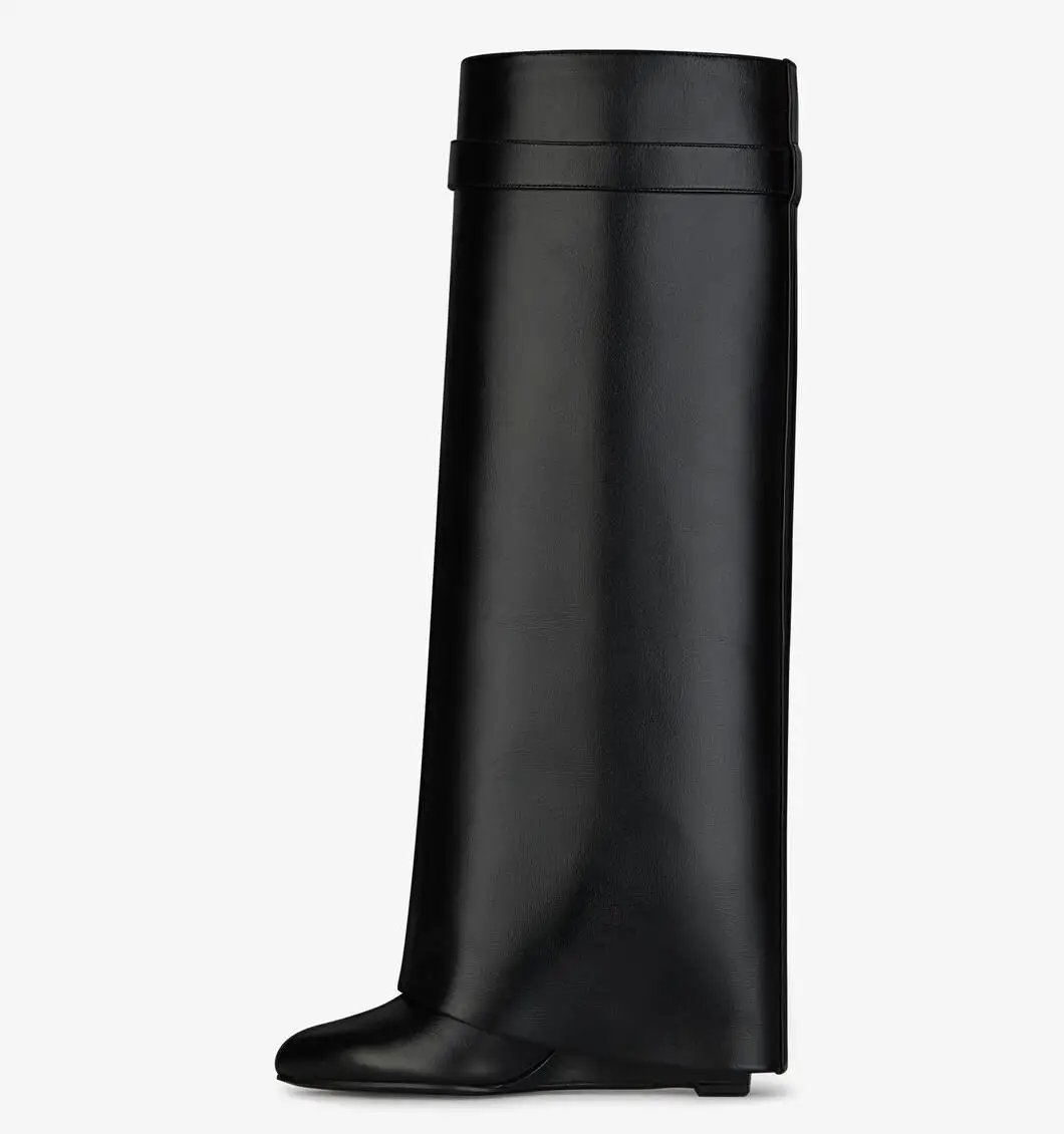  NSB012 Ladies 2021 New Slip-on Boots In Shiny Calfskin Leather Women Covered Wedge Heels