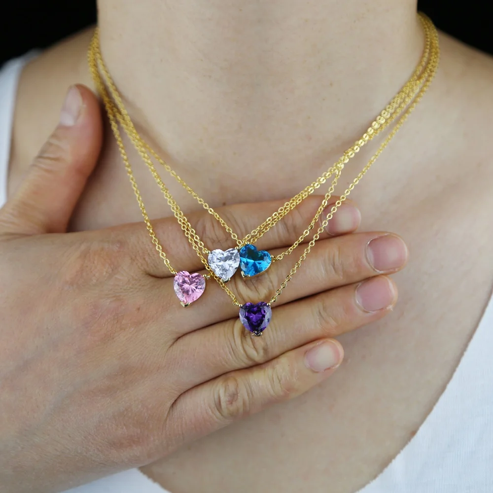 Gold Plated Big Heart Pendant 10mm white pink blue purple Zircon Rainbow cz Wedding Pendant Necklace for women Bridal jewelry