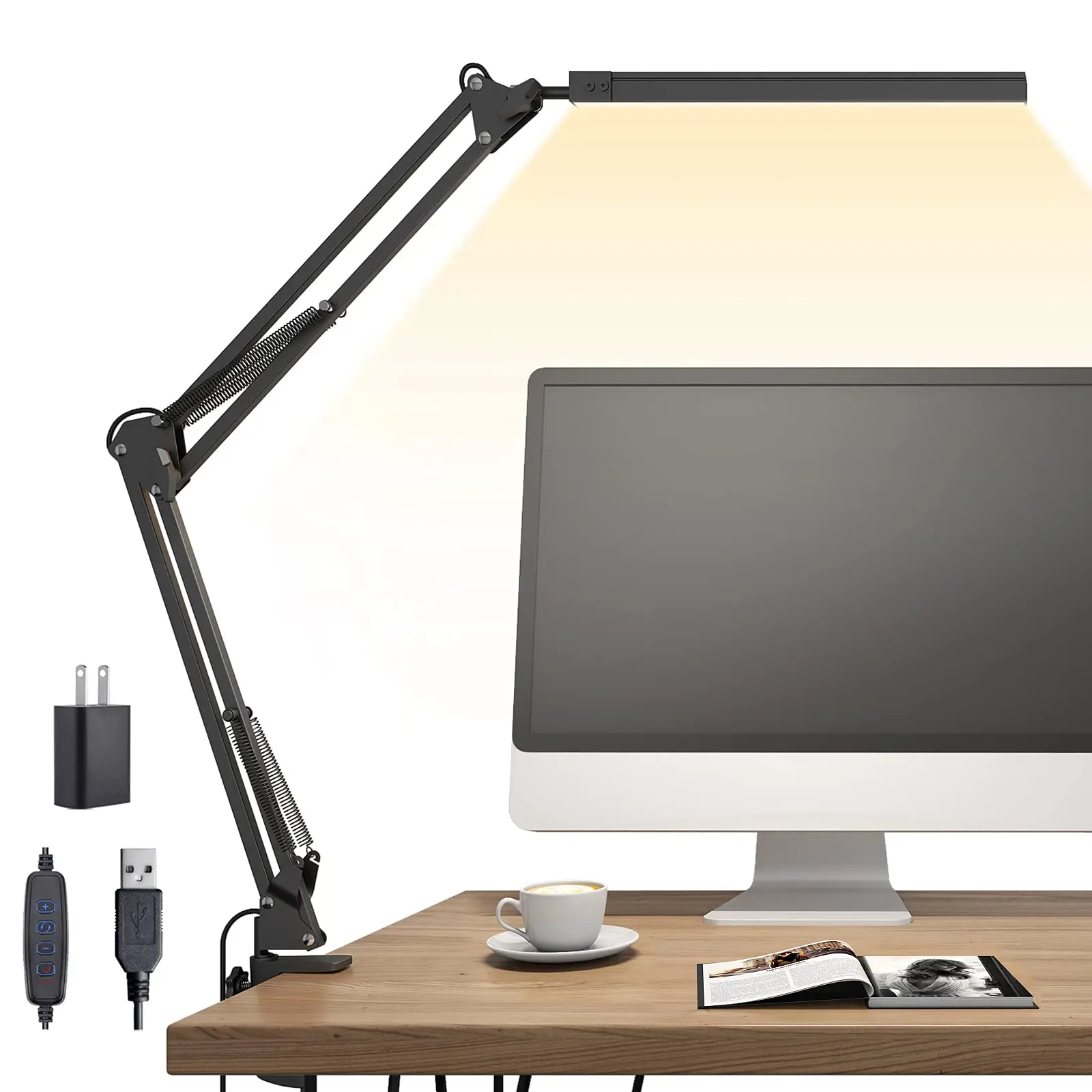 14W LED Desk Lamp Swing Arm Desk Light with Clamp 3 Lighting 10 Brightness Eye-Caring Modes Reading Desk Lamps for Home Office