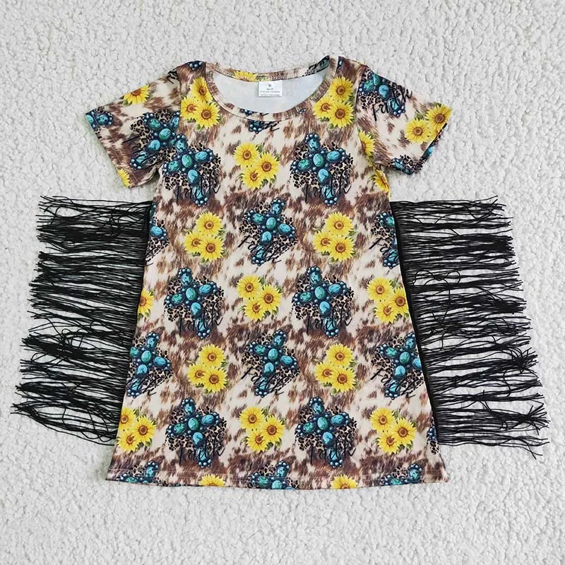 Kids Summer Sunflower Fringe Dress Wholesale Baby Girl Short Sleeve Tassel Floral Leopard Clothing Children Toddler New Clothes