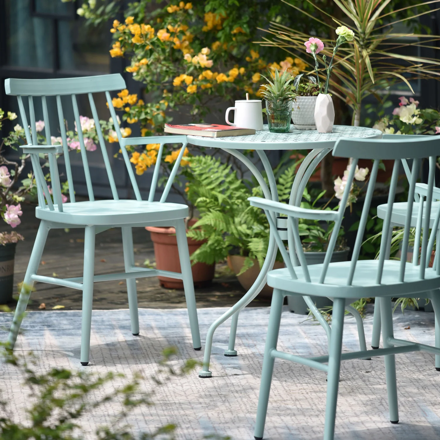 light blue aluminum chairs and round 60 cm metal table sets with 2 people leisure garden outdoor girl furniture