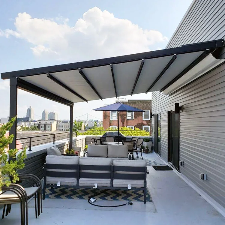 custom motorized bioclimatic automatic fully retractable rooftop awning pergola system