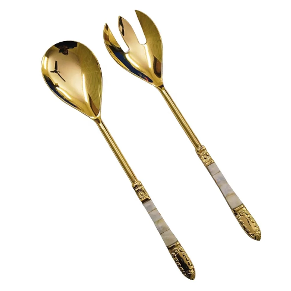 Stainless Steel Salad Server With Brass Embossed Ribbed Handle Palm Tree Design Western Stainless Steel Salad Server Style Bras