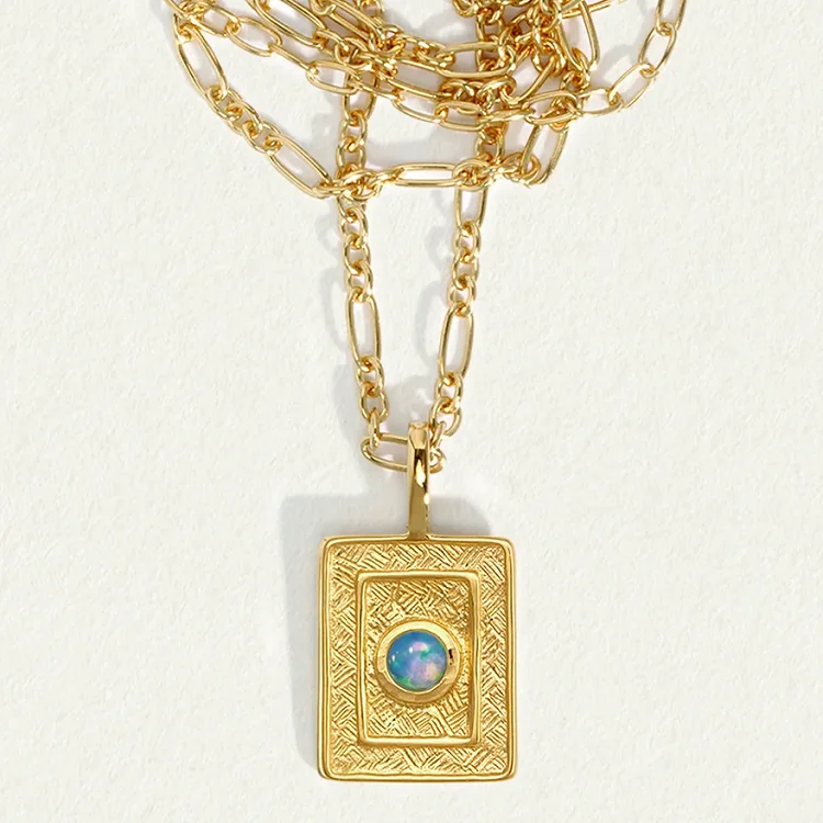 Exquisite 18k gold plated girls designer 925 sterling silver natural opal dog tag chain necklace