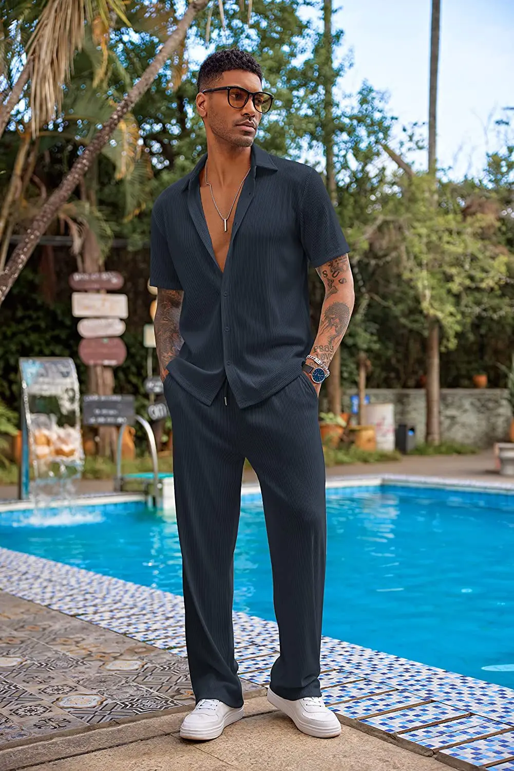 2024 Men Summer Hot Sale Casual Suits Button Solid Color Shirt + Long Pants 2 Piece Set Short Sleeve Tops Casual Suits