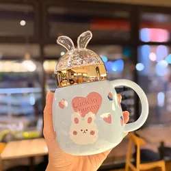 Modern Creative Cute 3D Rabbit Ears Cup Lid Home Office Ceramic Mug with Spoon