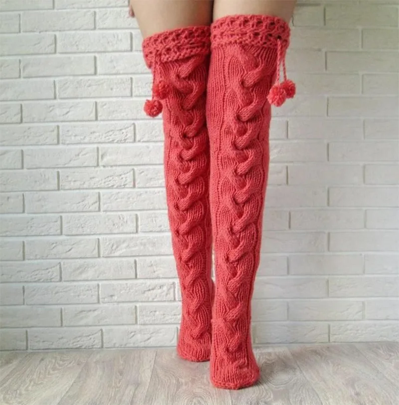 T1414 Hot selling Knitted Socks Plushball Over Knee Extended Long Socks Stacked Woolen Socks for Girls