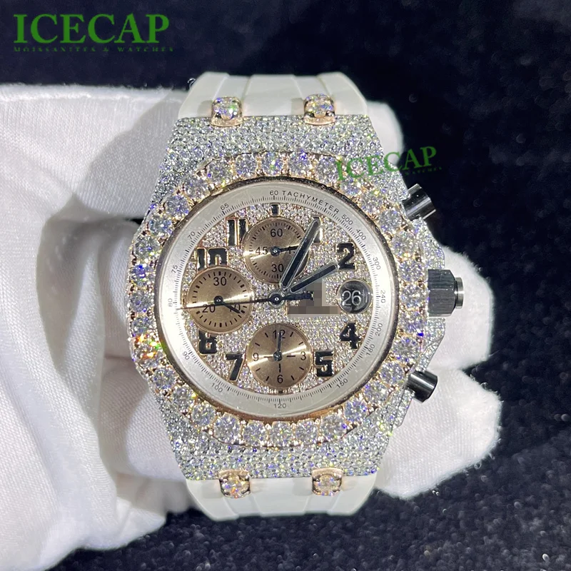 Hot white rubber Automatic mechanical Arabic digital watch Luxury brand men women Ice  Moissanite Diamond watch