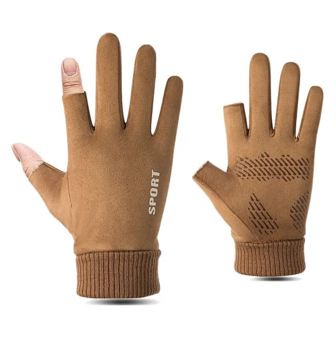 Two finger Windproof black thick winter driving riding warm unisex touchscreen suede fishing gloves for sport