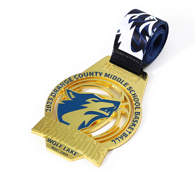 Oem Factory 3D Enamel Gold Basketball Medal Custom Design Wolf Lake Middle School Student Medal for Basketball Game