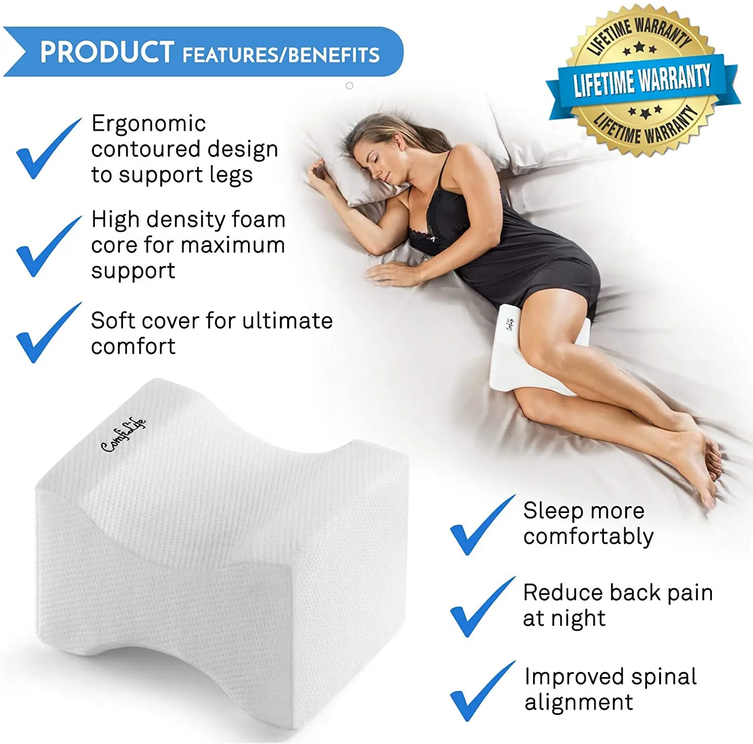 
ComfiLife Orthopedic Knee Pillow for Sciatica Relief Back Pain Leg Pain Pregnancy Hip and Joint Pain Memory Foam Wedge contour 