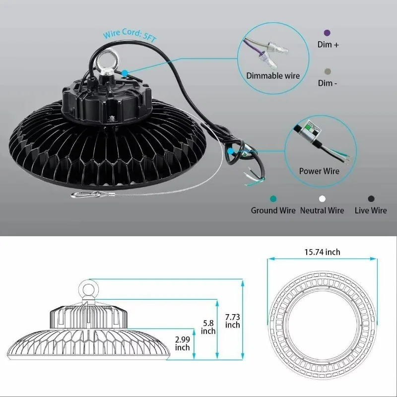 UL DLC Listed 300W Dimmable High Bay LED Light IP65 Waterproof Aluminum Body Warehouse Factory AC100-277V Parking Lot Dialux