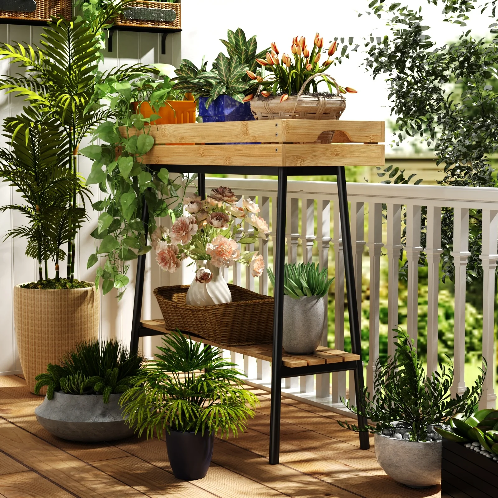 Custom Bamboo Wood Outdoor Garden Flower Planter Bench Metal Elevated Vegetable Boxes Stand 2 Tier Raised Garden Box For Outdoor