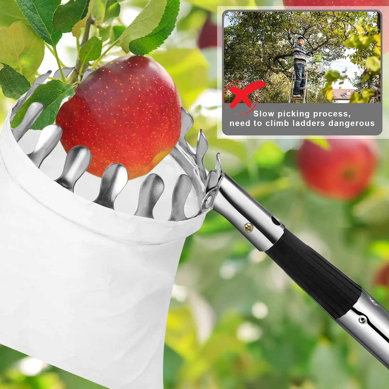 High Quality Adjustable Telescoping Fruit Picker Pole Big Non Woven Basket Fruits Catcher Tree Picker for Apples Mango