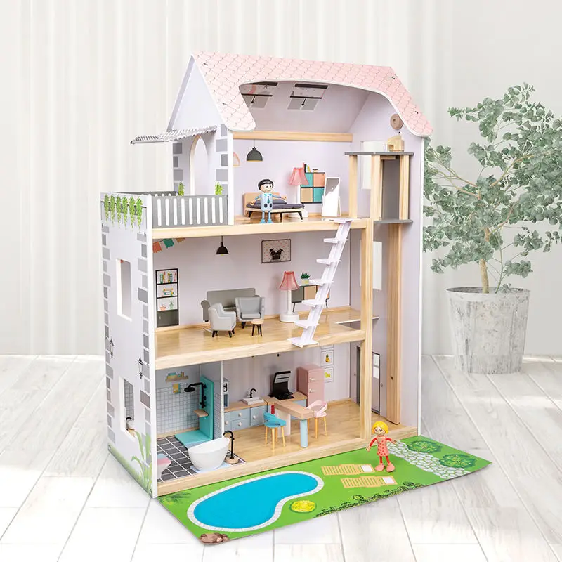 Pretend Role Play Diy Educational Toy Kids Wooden Doll House Villa With Doll Room