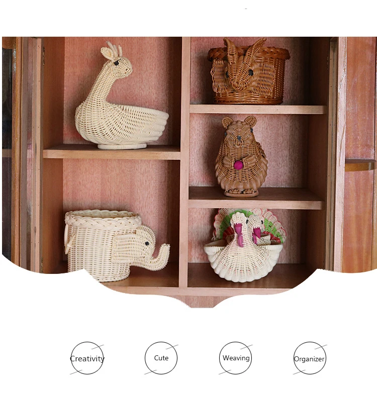 Homemade Plant Fiber Grass rattan woven animal for living room Decor Snack  fruit storage basket Snack bowl organizer
