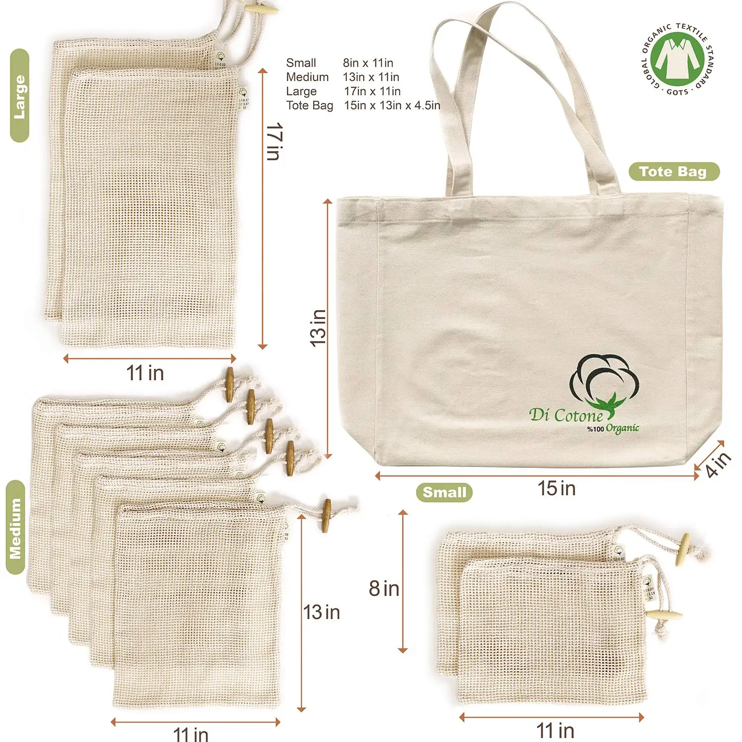 Grocery Shopping Net Tote Washable Biodegradable Eco Friendly GOTS Reusable Produce Drawstring Pouch Organic Cotton Mesh Bags