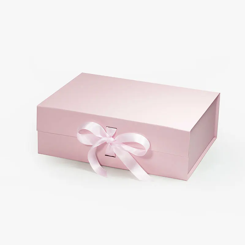 Luxury pink fold flat magnetic lid shut gift packaging gift cardboard box with ribbon