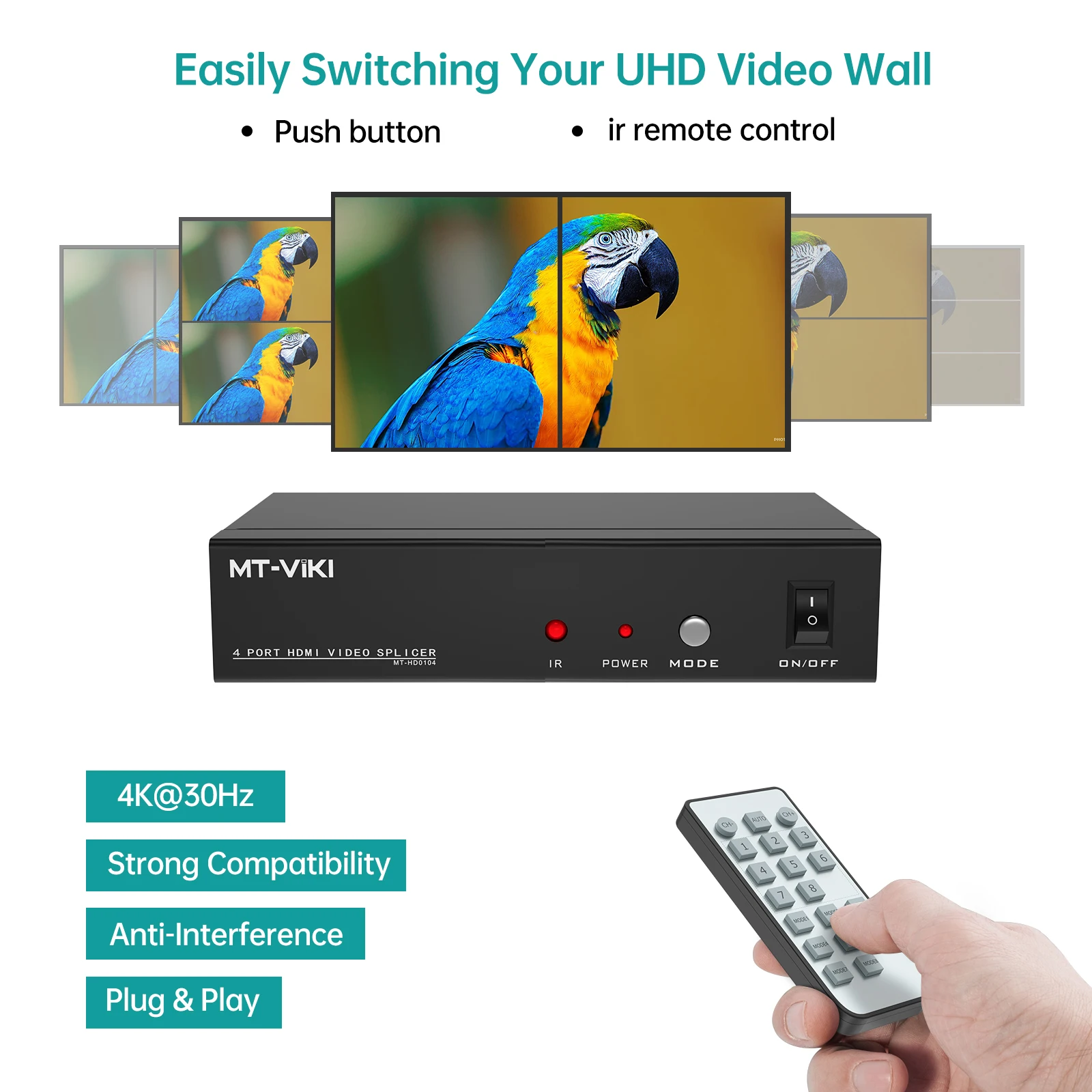 HDMI Video Wall Controller 2x2 4K 30Hz, MT-VIKI 4 port Multiviewer HDMI video wall splicer 1 in 4 out Video wall controller