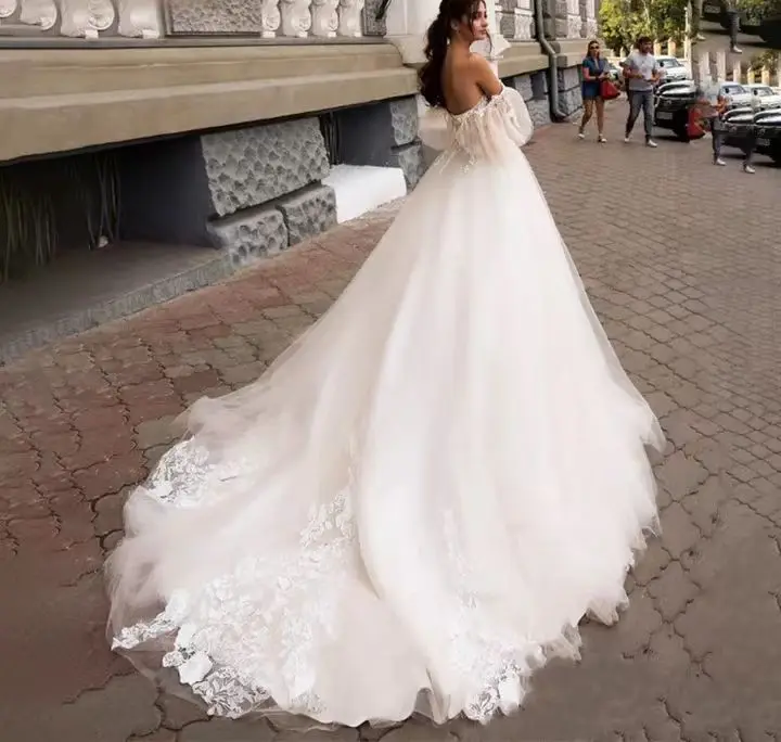 Shadow Off the shoulder Wedding Dresses Court Train Corset Back White Fairy Sexy Sweet Short Sleeve Bridal Dress