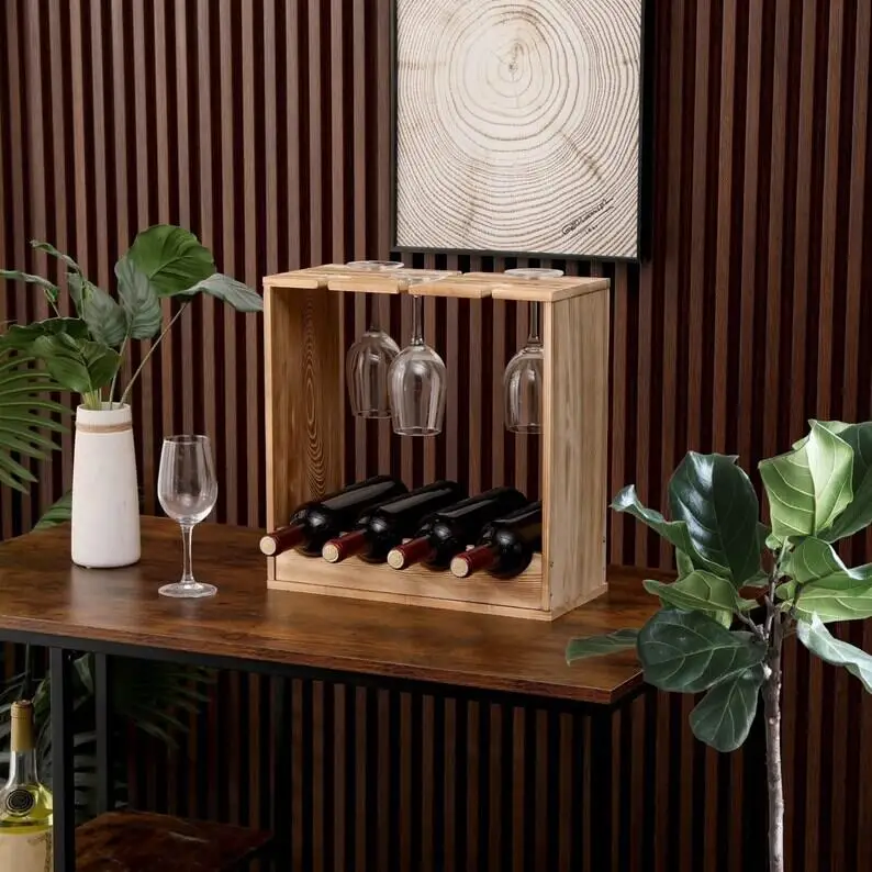Handmade Wooden Wine Rack with Glass Wine Bottle Holder Counter top Glasses Holder Wine Bottle Storage Shelf for Home Kitchen