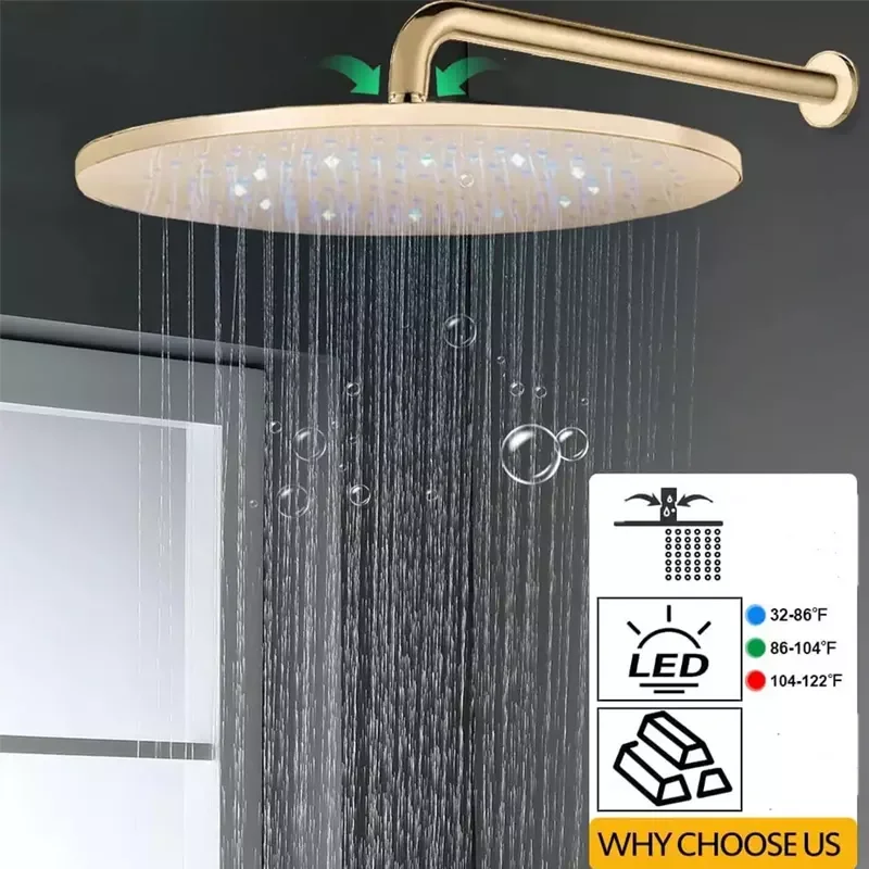 Led Brushed Gold 3 Functions 12 Inch Round Rainfall Rain Ceiling Shower Bathroom Thermostatic Concealed Shower Set