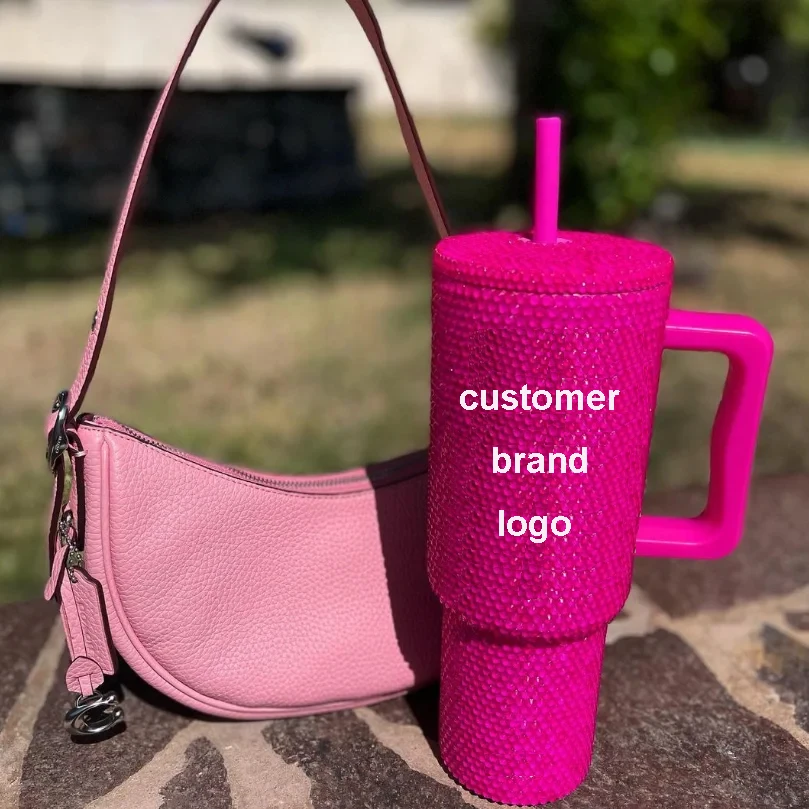 Bling Design Studded Rhinestone Diamond Cute Bling Straight Cup the Cow Pattern Water Bottle with Lid and Straws