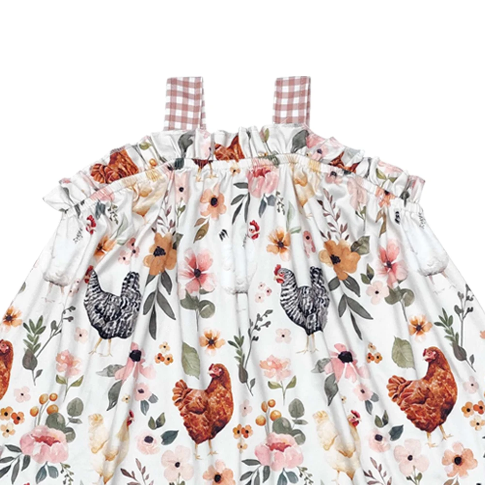 Girls beautiful dresses plaid straps chicken floral print farm dresses wholesale girls farm dresses boutique low price clothes