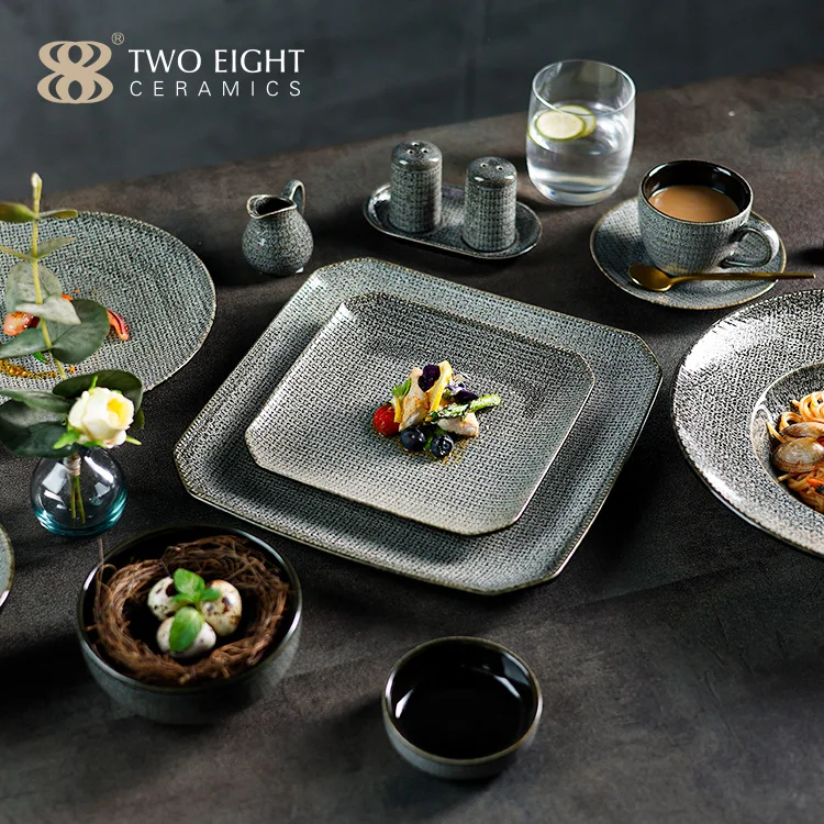 Two Eight New Design Glaze Grey Ceramic Tableware Set Porcelain Dinner Set For Restaurant Plate Set Dinnerware Catering Plate