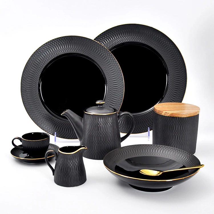 Crockery dinner sets durable round black tableware porcelain restaurant supplier ceramic dinner plates tableware manufacturer
