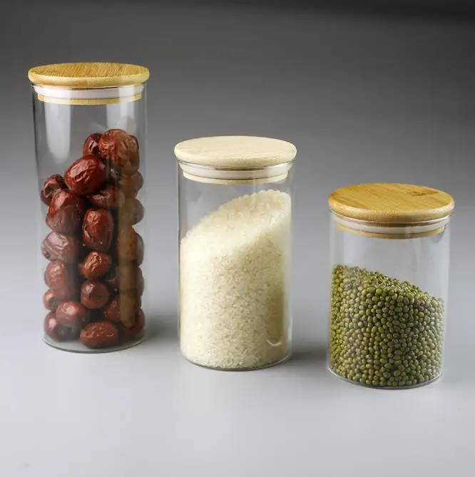 Cylinder Cereal Container with Sealing Airtight Canisters for Bulk Measurement markings Glass Cookies Jar with Bamboo Lid