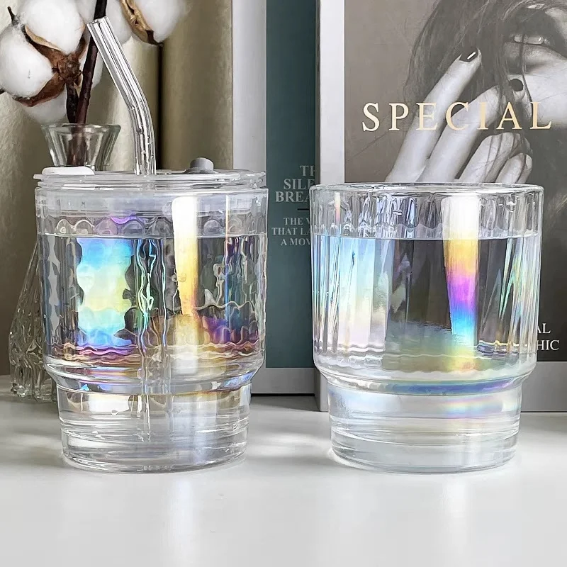 Glass Tumbler Colorful Glass Coffee Cup with Lid and Straw Modern Design Drinking Glass Cup