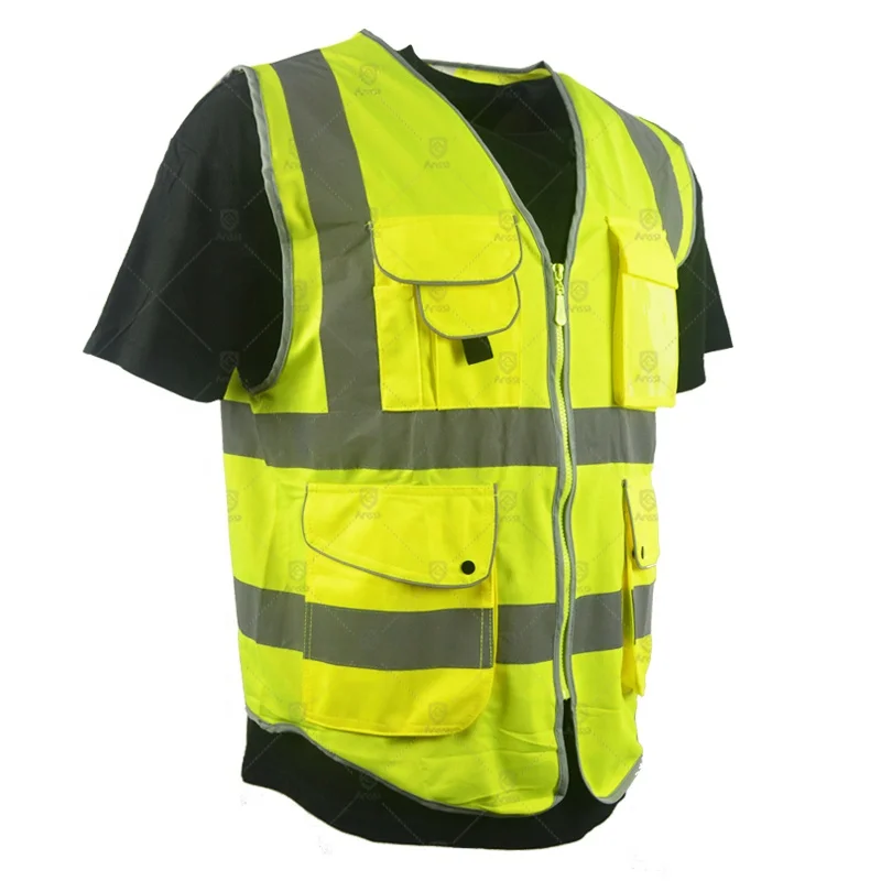 Surveyor unisex worker top en471 zip security equipment night work safety logo custom vest with zipper 9 pocket reflective tape