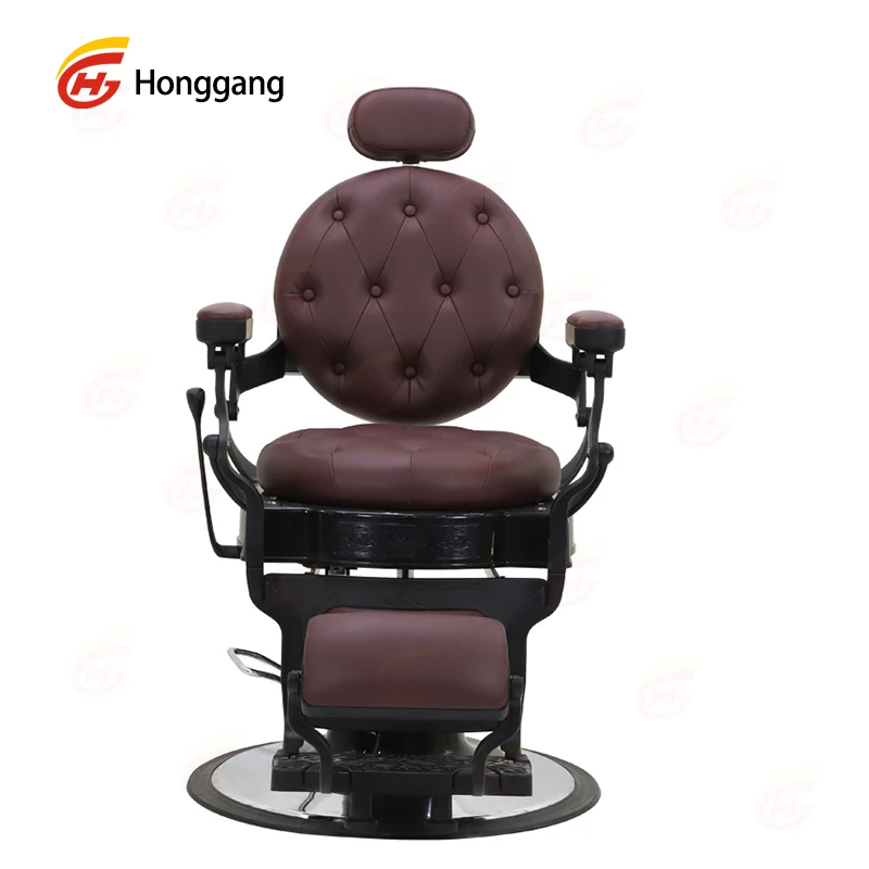 Professional Barber Shop Chair in Retro Style, Featuring Brown-Grey Synthetic Leather and Hydraulic Pump