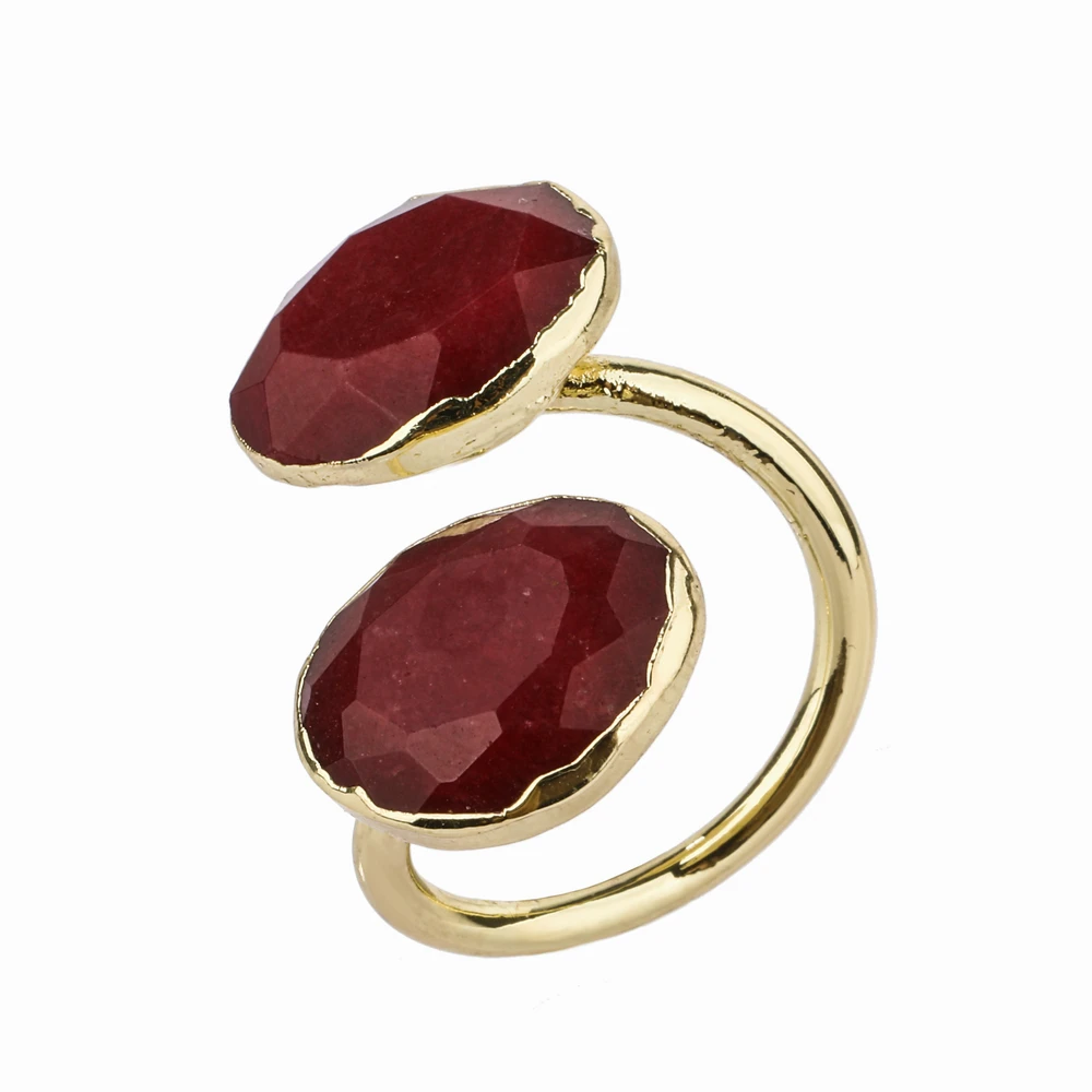 Double Agate Druzy Stone Quartz Crystal Rings Pink Red Blue Adjustable Gold Plated Copper Cuff Rings