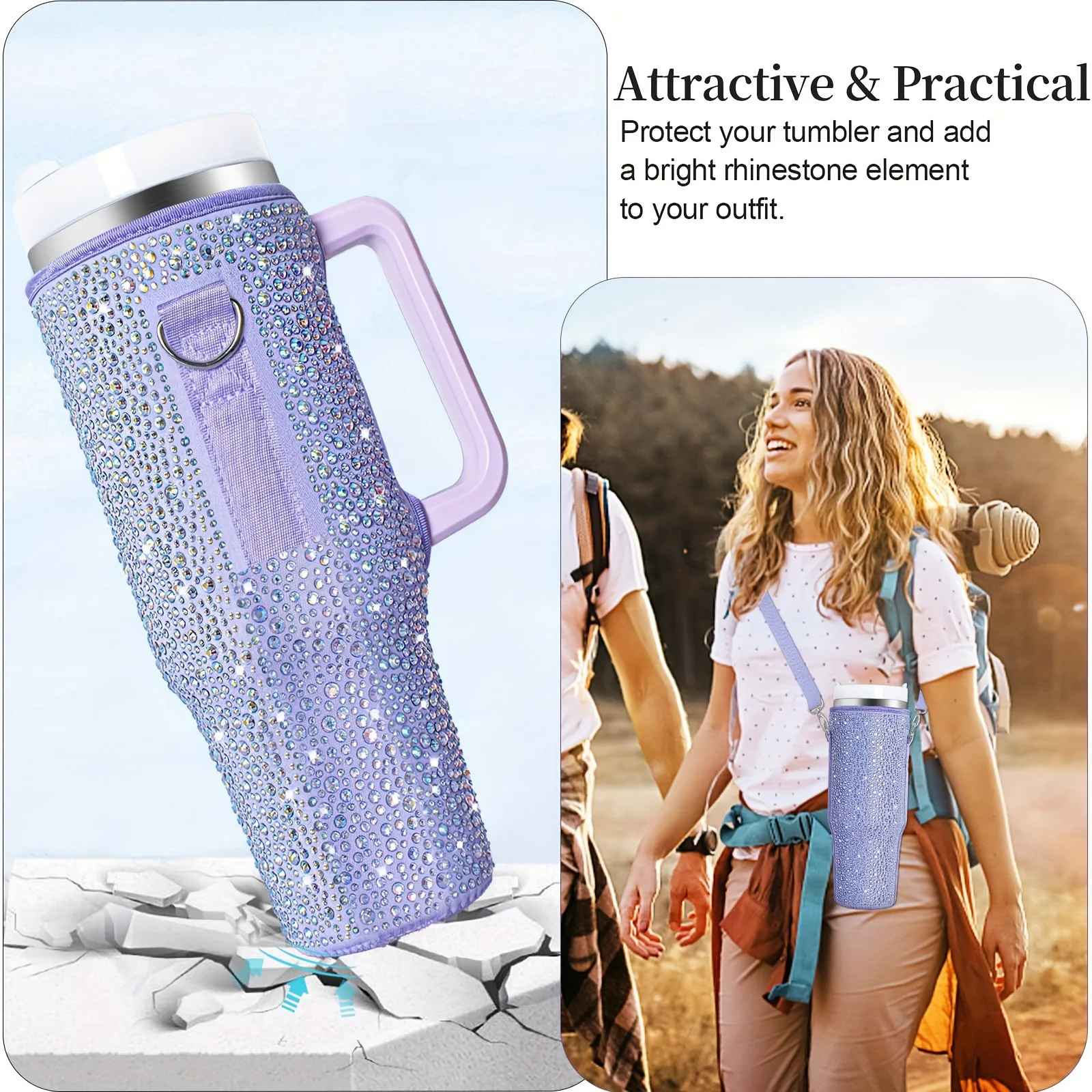 DD3139  Diamond Bling Water Bottle Holder with Suitable for 40oz Mug Adjustable Strap Carrier Bag Shiny Rhinestone Cup Sleeve