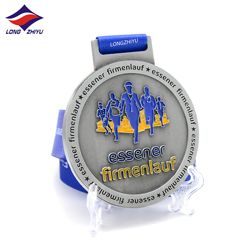 Longzhiyu 15 years maker sports marathon special antique silver and soft enamel cut-out with building  medals