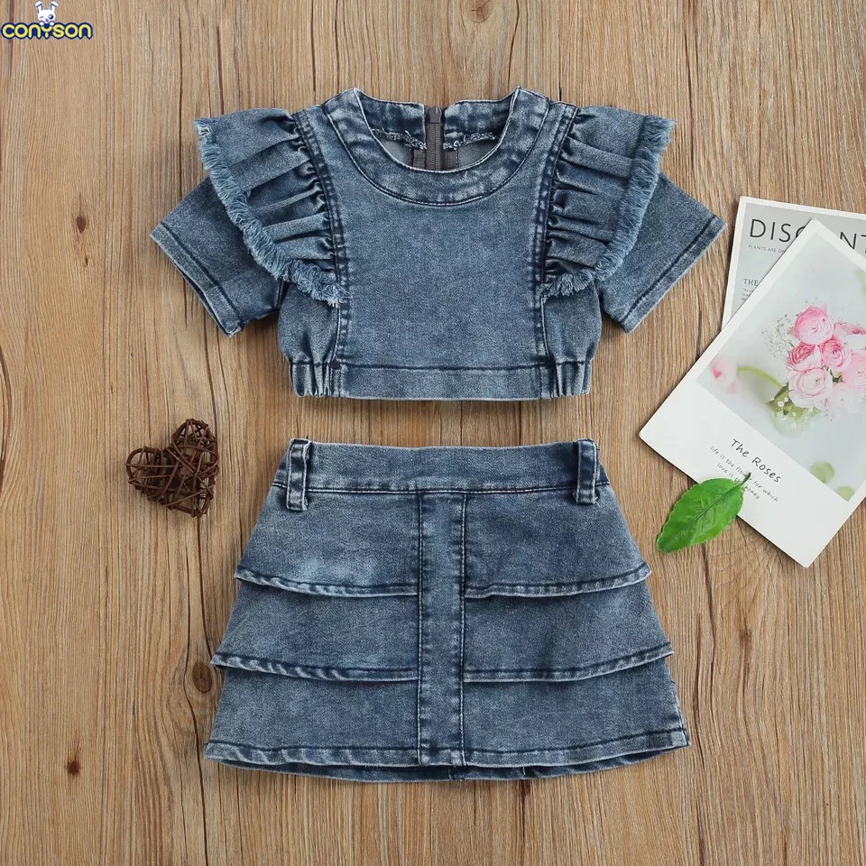 Conyson high quality Latest korea Fashion Style Toddler Girl t-shirt Short Skirt clothes suit Kids denim 2 pieces clothing Set