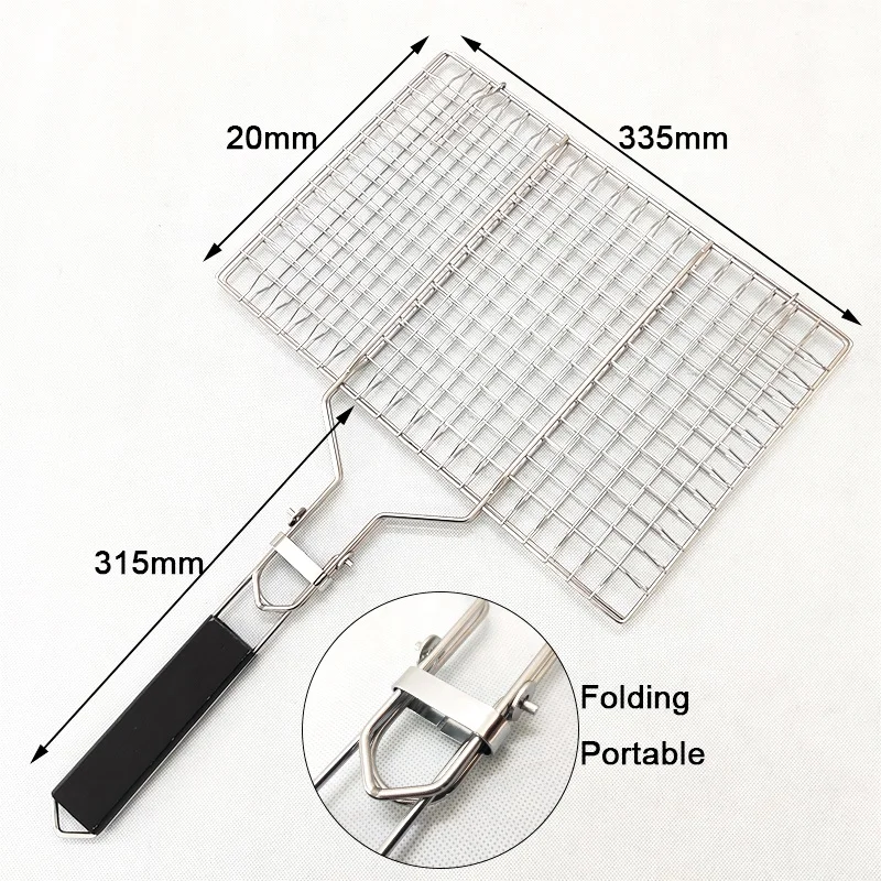 Folding Portable Stainless Steel Bbq Grilling Grill Basket Net For Roasting Meat With Wooden Handle